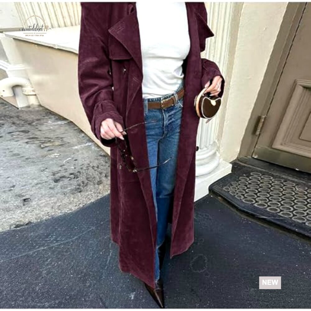 Faux Suede Long Trench Coat Double Breasted Slim Fit Pea Coat with Belt - Picture 3 of 7